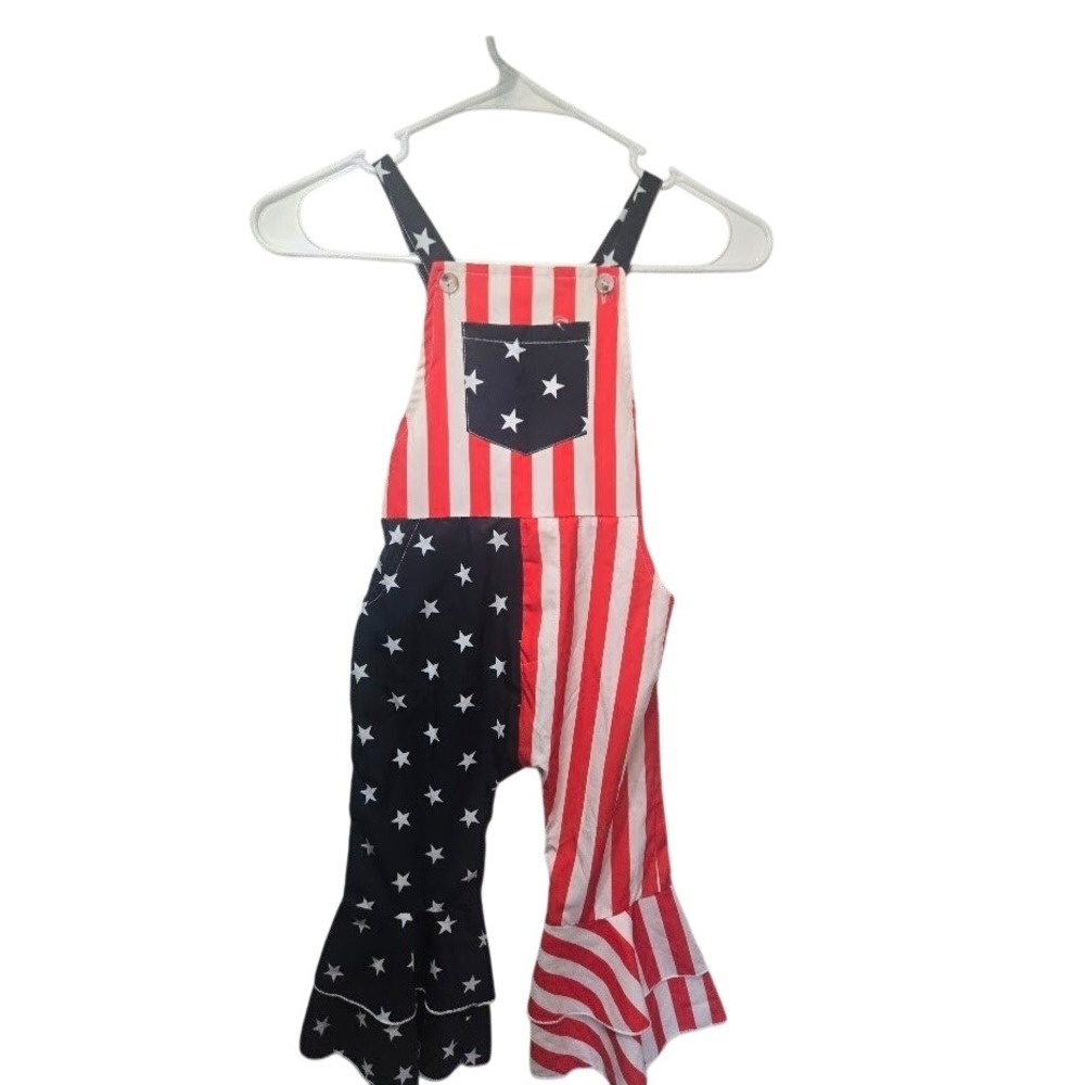 Kids American Flag Patriotic Bell Bottom Overalls Stars Stripes Red White Blue